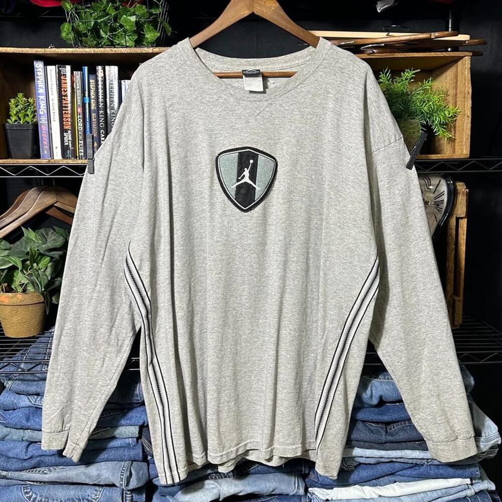 Vintage 90s Jordan Shield Patch Long Sleeve Tee Men 2XL Black Grey Striped Shirt
